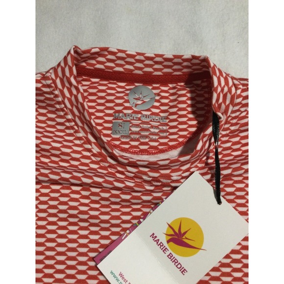 Marie Birdie  Print Mock Neck Long Sleeve Top Women size 8 XXXL Red White - Picture 3 of 7